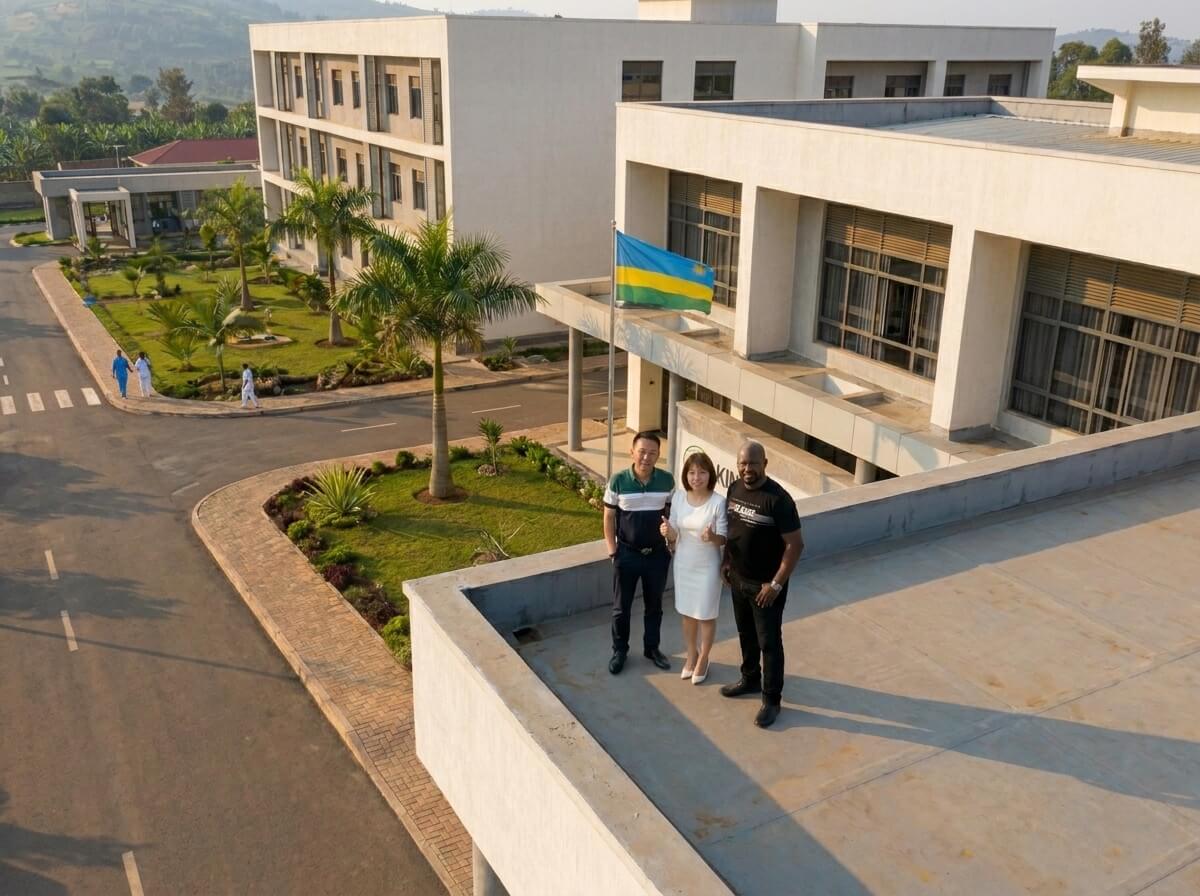 High-angle view of three business professionals standing together on a modern building rooftop next to the Rwandan flag in a landscaped institutional courtyard.