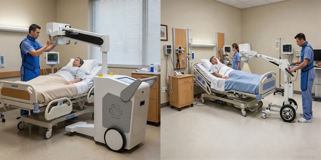 Mobile Digital X-Ray Machine Bedside Clinical Applications A side-by-side comparison image showing two types of mobile digital X-ray machines in hospital rooms. The left panel shows a healthcare professional adjusting a compact mobile X-ray system over a patient in a hospital bed. The right panel displays a technician operating a different wheeled portable X-ray unit next to a bed with a patient and a nurse checking monitors.