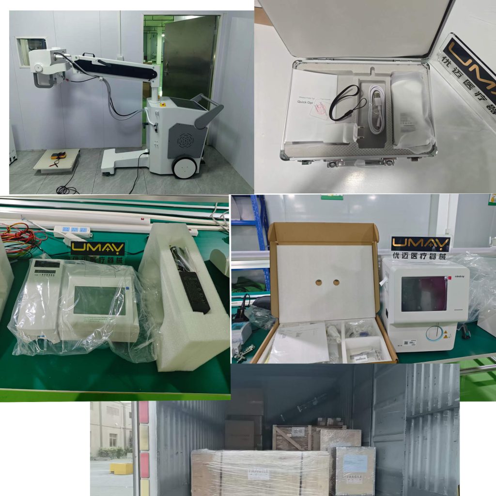 A multi-panel product collage in showing a mobile medical X-ray unit, a handheld wireless ultrasound probe kit in a briefcase, UMAY benchtop laboratory analyzers in protective foam packaging, and wooden crates loaded into a shipping container.