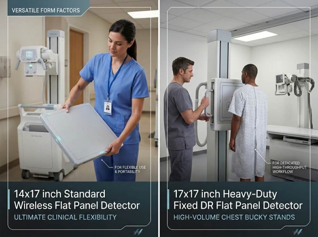 DR Flat Panel Detector Types - Wireless 14x17 vs Fixed 17x17 Radiography Solutions A side-by-side product comparison infographic of digital radiography detectors. The left panel shows a female clinician holding a "14x17 inch Standard Wireless Flat Panel Detector" labeled "for flexible use & portability." The right panel shows a male technician positioning a patient at a wall stand with a "17x17 inch Heavy-Duty Fixed DR Flat Panel Detector" labeled "for dedicated high-throughput workflow."