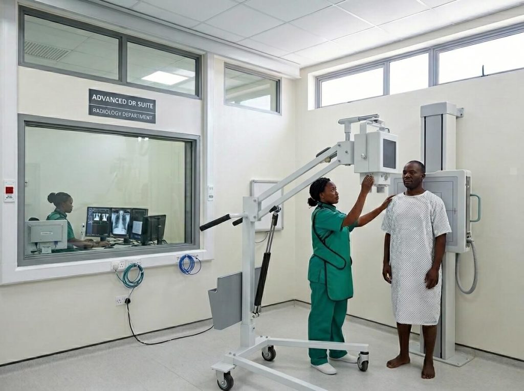 Advanced DR Suite with Mobile X-Ray Solution A female technician positions a mobile X-ray machine for a standing male patient inside an "Advanced DR Suite" radiology department, with a colleague visible through the control room observation window