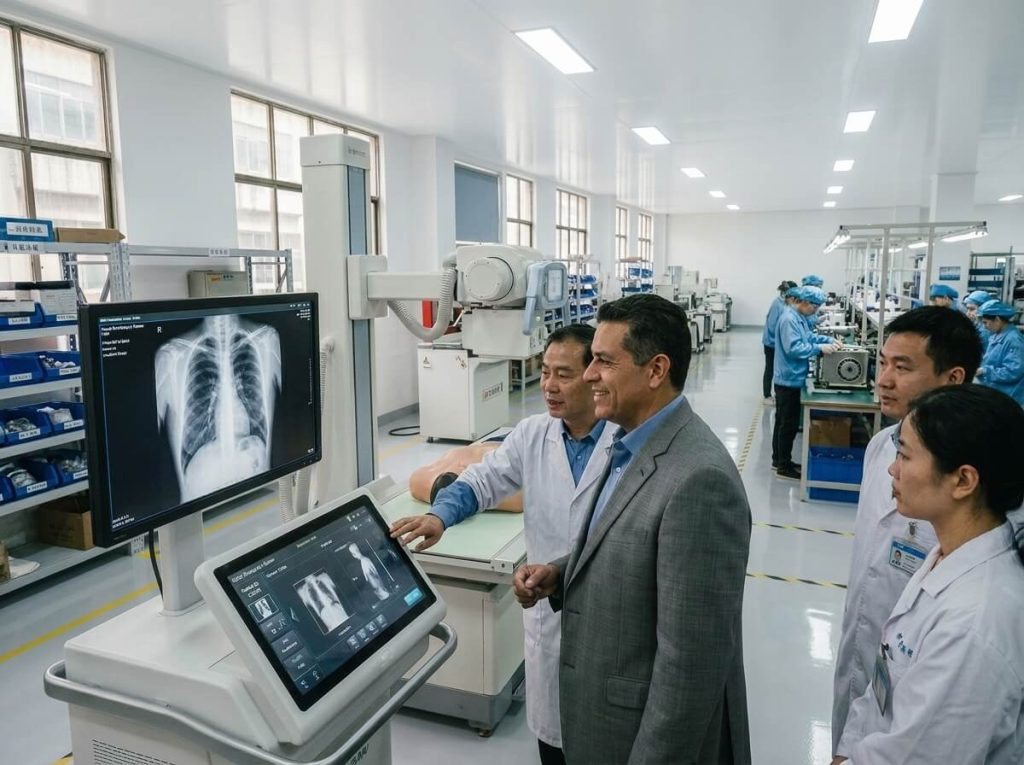 An international business client in a suit looks at a digital X-ray machine workstation during a factory tour in, while medical equipment engineers in white lab coats demonstrate the chest radiography imaging software inside a clean manufacturing facility.