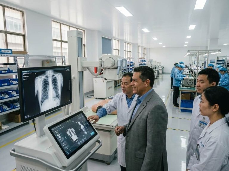 An international business client in a suit looks at a digital X-ray machine workstation during a factory tour in, while medical equipment engineers in white lab coats demonstrate the chest radiography imaging software inside a clean manufacturing facility.
