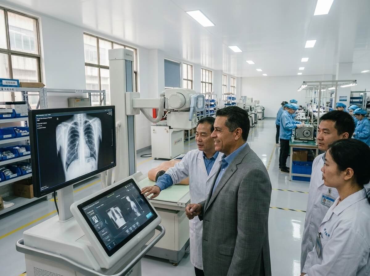 An international business client in a suit looks at a digital X-ray machine workstation during a factory tour in, while medical equipment engineers in white lab coats demonstrate the chest radiography imaging software inside a clean manufacturing facility.