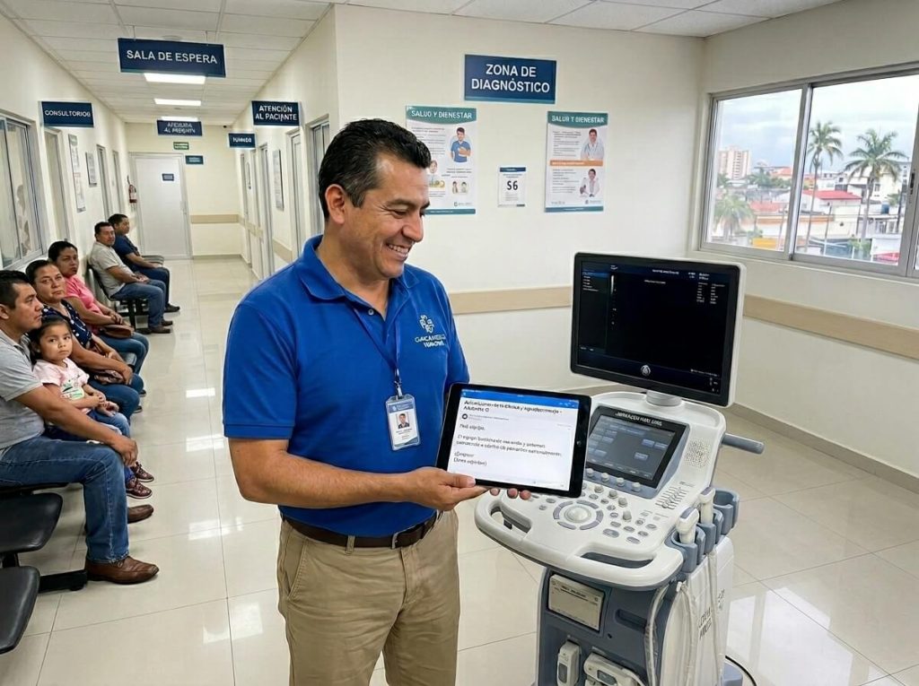 A smiling medical representative in a blue polo shirt holds a digital tablet next to a modern cart-based ultrasound machine. In the background hallway, patients sit in a waiting area beneath Spanish clinic signs reading "Sala de Espera" and "Zona de Diagnóstico".
