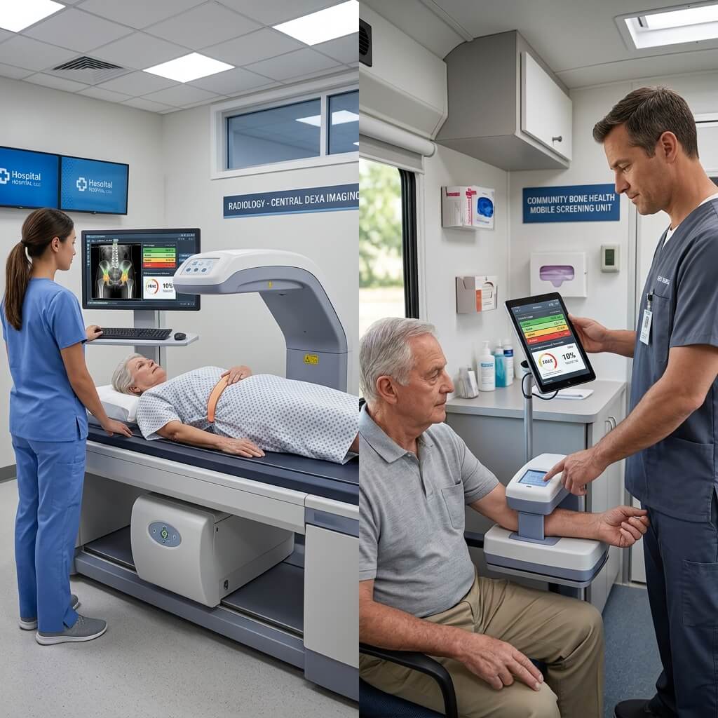 Central DXA System vs Portable Bone Densitometer Machine a hospital central DXA bone densitometer system (left) with a portable forearm bone density screening device used inside a mobile community health unit (right).
