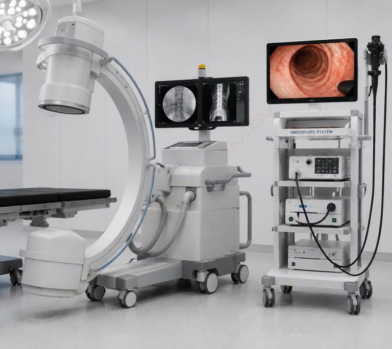 A mobile surgical C-arm fluoroscopy X-ray system with dual monitors showing spine imaging, parked alongside a multi-tier endoscopic tower system displaying an internal cavity view inside a modern operating room.