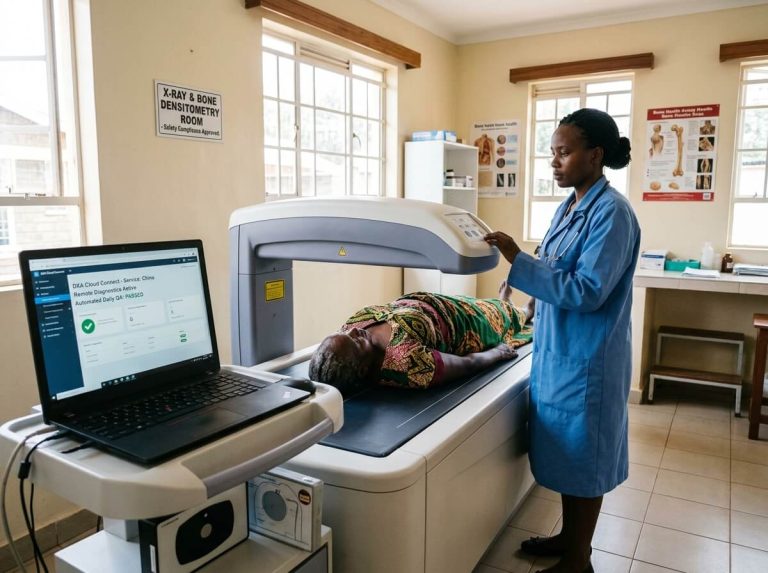 A female African healthcare worker in a blue medical coat operates a central DXA bone densitometer machine for an elderly female patient. In the foreground, a laptop display shows the "DXA Cloud Connect" interface with active remote diagnostics and a passed automated daily QA checkmark. A sign on the wall reads "X-RAY & BONE DENSITOMETRY ROOM - Safety Compliance Approved."