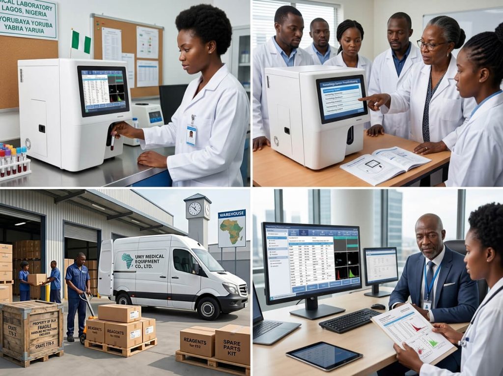 UMY Medical Integrated Laboratory Equipment and Logistics Solutions A four-panel collage in image_ffc480.jpg showcasing a laboratory technician using a hematology analyzer in Nigeria, medical staff receiving equipment training, logistics workers loading a UMY Medical Equipment delivery van, and hospital administrators reviewing clinical data.