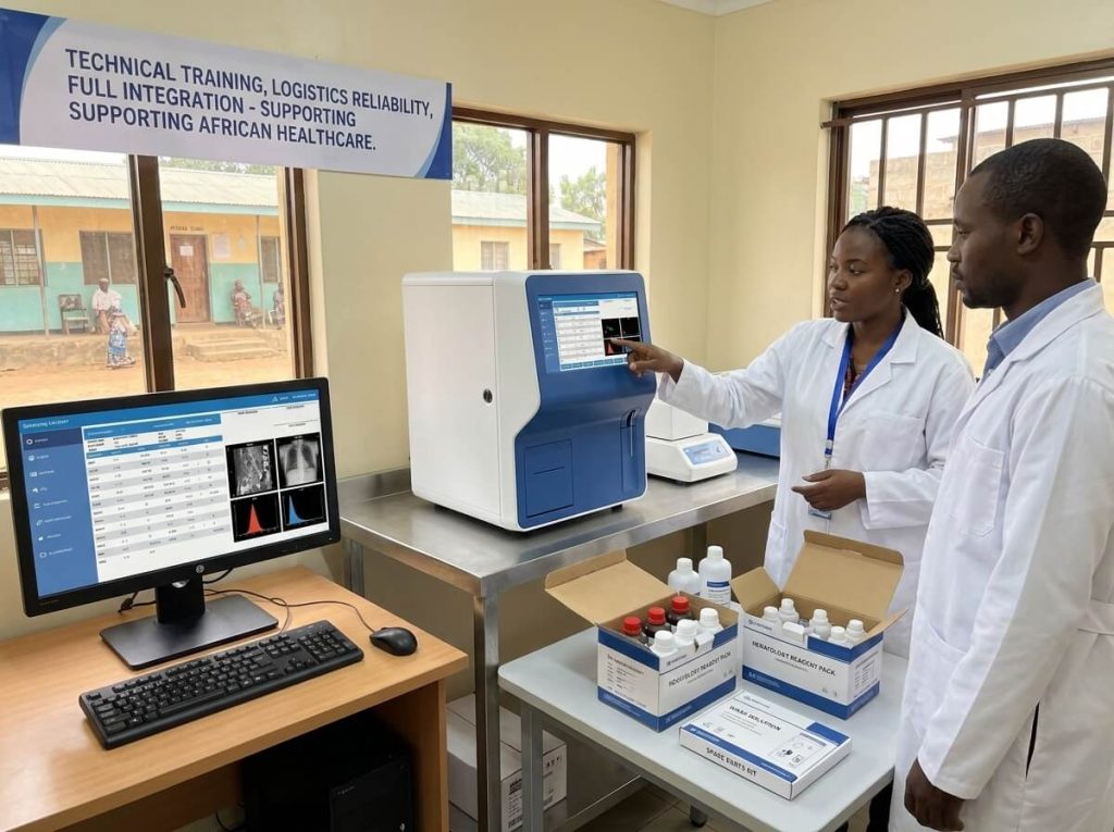 UMY Medical Hematology Analyzer and Clinical Laboratory Solutions A female laboratory technician points to the touchscreen of a benchtop hematology analyzer while a male colleague observes inside an African clinic. A computer monitor displays diagnostic data, with unboxed hematology reagent packs on the table beneath a banner reading "Supporting African Healthcare"