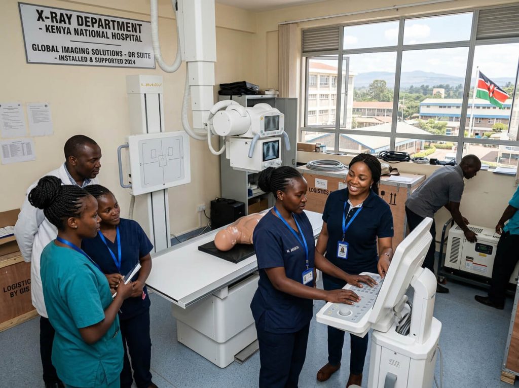 Healthcare professionals train on a UMAY digital X-ray machine control workstation inside the X-Ray Department at Kenya National Hospital. A sign reads "Global Imaging Solutions - DR Suite - Installed & Supported 2024," while a team of doctors looks on, a medical training mannequin lies on the examination table, and logistics staff work near a window overlooking a Kenyan flag.
