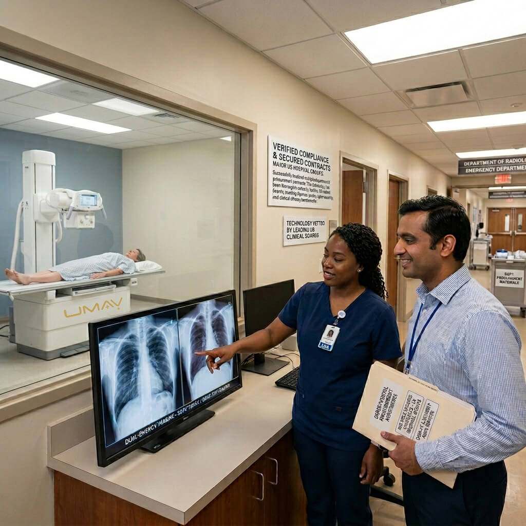 A female healthcare professional in blue scrubs points to chest X-ray images on a diagnostic monitor next to a male hospital administrator holding a procurement folder. Through a large observation window, a patient lies on a UMAY digital radiography table. Signs on the wall highlight verified compliance and secured contracts with major US hospital groups.