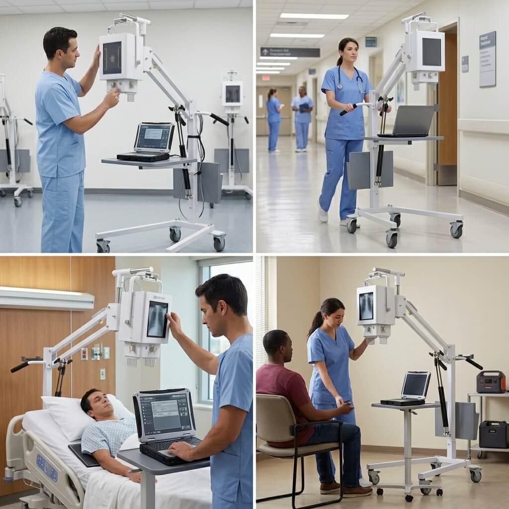 Mobile Portable X-Ray Machine Multi Scenario System Four-panel view demonstrating a mobile digital X-ray machine being pushed down a hospital hallway, adjusted by a clinician, and used for bedside and seated patient imaging.