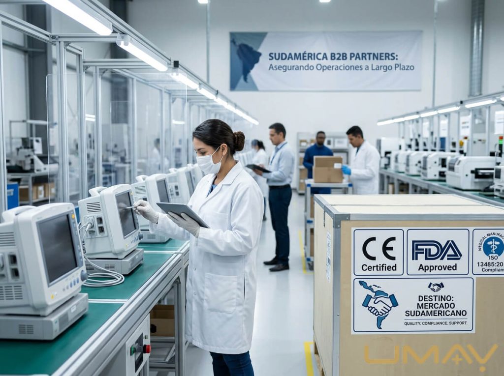 A female quality control technician in a white lab coat and face mask inspects medical patient monitors on a production line. In the foreground, a large wooden export crate features prominent CE Certified, FDA Approved, and ISO 13485 compliance labels, along with a "Destino: Mercado Sudamericano" shipping stamp. In the background, facility workers operate under a banner that reads "Sudamérica B2B Partners."