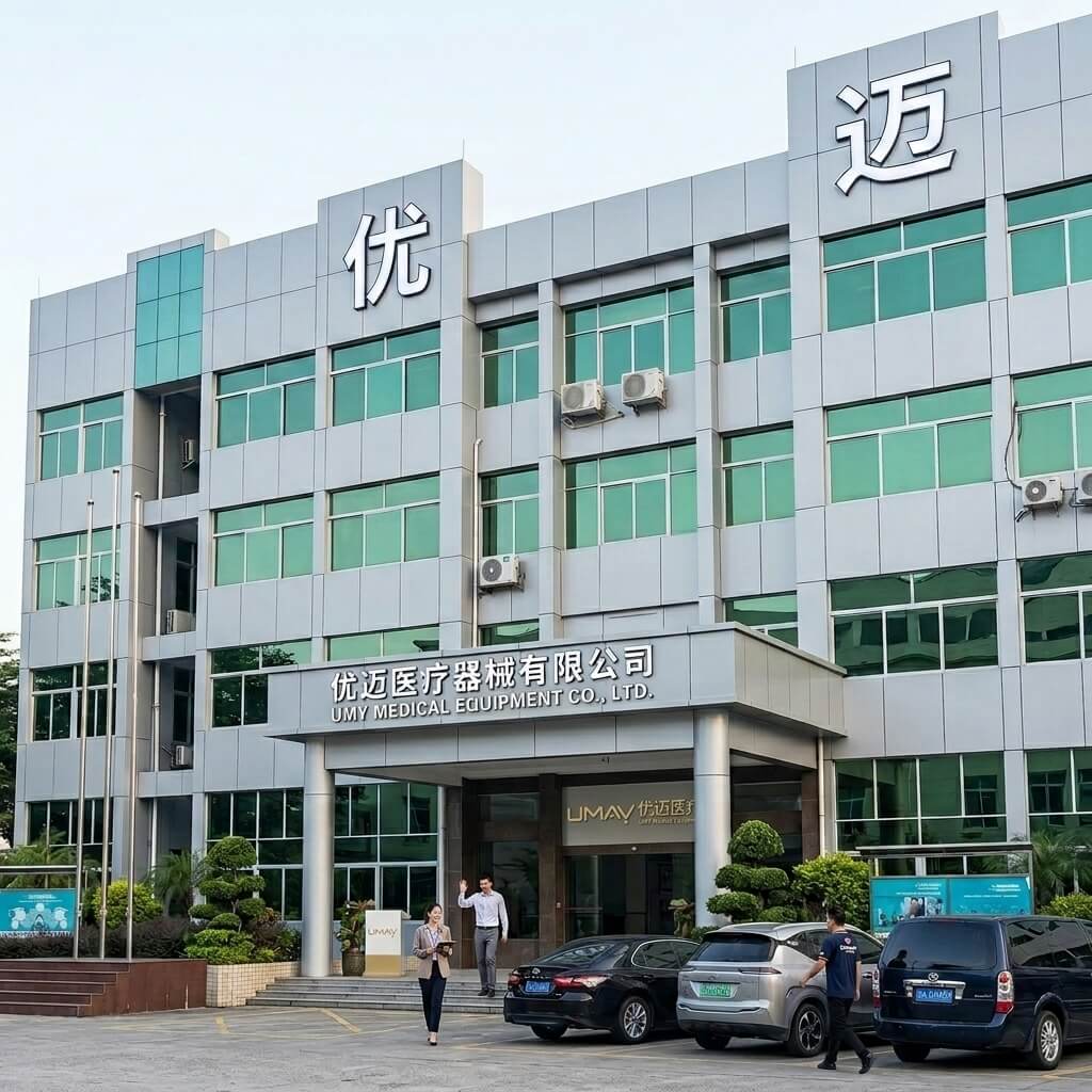 The modern multi-story exterior of the UMY Medical Equipment Co., Ltd. headquarters and factory building. The facility features large Chinese characters on the roofline, a main entrance sign reading "UMY MEDICAL EQUIPMENT CO., LTD.", green-tinted windows, and a front courtyard with parked vehicles and staff members.