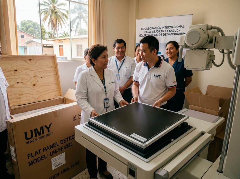 A UMY Medical Equipment representative in a branded polo shirt demonstrates the Flat Panel Detector to a female doctor in a white lab coat and her medical team.