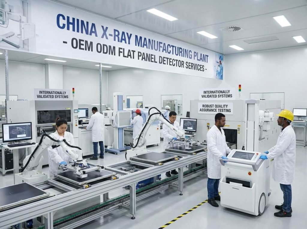 China X-Ray Factory - OEM ODM Flat Panel Detector Manufacturing Plant Technicians in white lab coats and automated robotic arms work along a conveyor production line inside a modern cleanroom facility. A large banner on the wall reads "CHINA X-RAY MANUFACTURING PLANT - OEM ODM FLAT PANEL DETECTOR SERVICES -", with machine signs displaying "INTERNATIONALLY VALIDATED SYSTEMS" and "ROBUST QUALITY ASSURANCE TESTING".