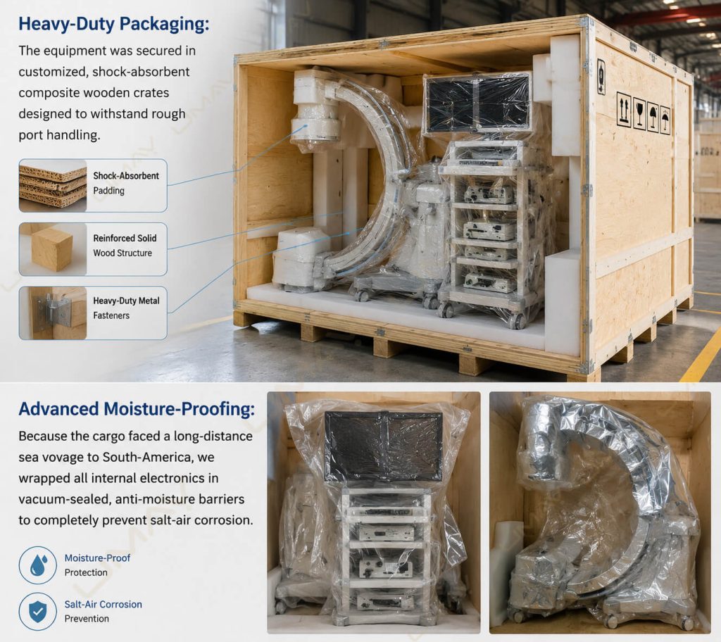 Secure Wooden Crate Export Packaging for Surgical C-Arm Systems A heavy-duty wooden export crate securely packed with a mobile surgical C-arm X-ray machine and its dual-monitor workstation tower. The medical systems are wrapped in protective plastic and fitted with shock-absorbing foam padding blocks inside a factory warehouse.