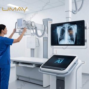Radiology technician operating a UMAY digital radiography X-ray machine with a smart AI diagnostic monitor.