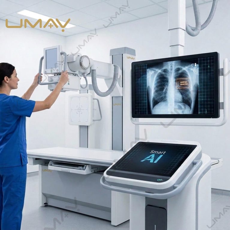 Radiology technician operating a UMAY digital radiography X-ray machine with a smart AI diagnostic monitor.
