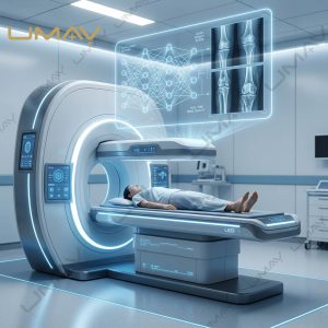 Patient undergoing a medical scan on a UMAY bone densitometer machine with a holographic diagnostic screen showing knee joint data.
