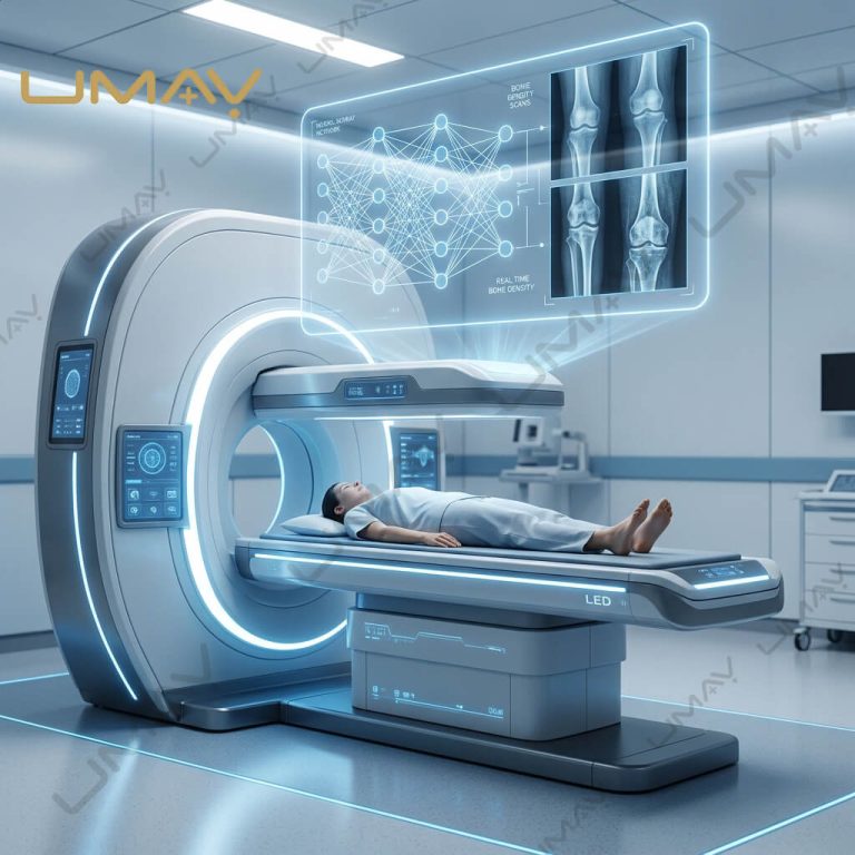 Patient undergoing a medical scan on a UMAY bone densitometer machine with a holographic diagnostic screen showing knee joint data.