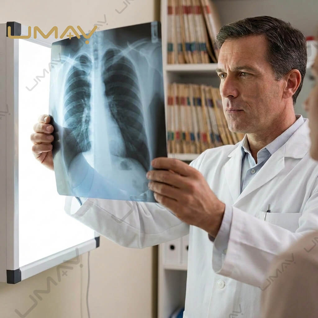 Male doctor in a white coat reviewing a chest X-ray film using a professional medical LED film viewer lightbox.