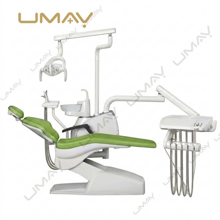Complete professional dental chair unit in lime green with an overhead operating light and instrument delivery system.