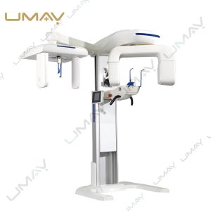 Full view of a professional white 3-in-1 dental CBCT machine featuring panoramic, cephalometric, and 3D imaging arms on a clean background.