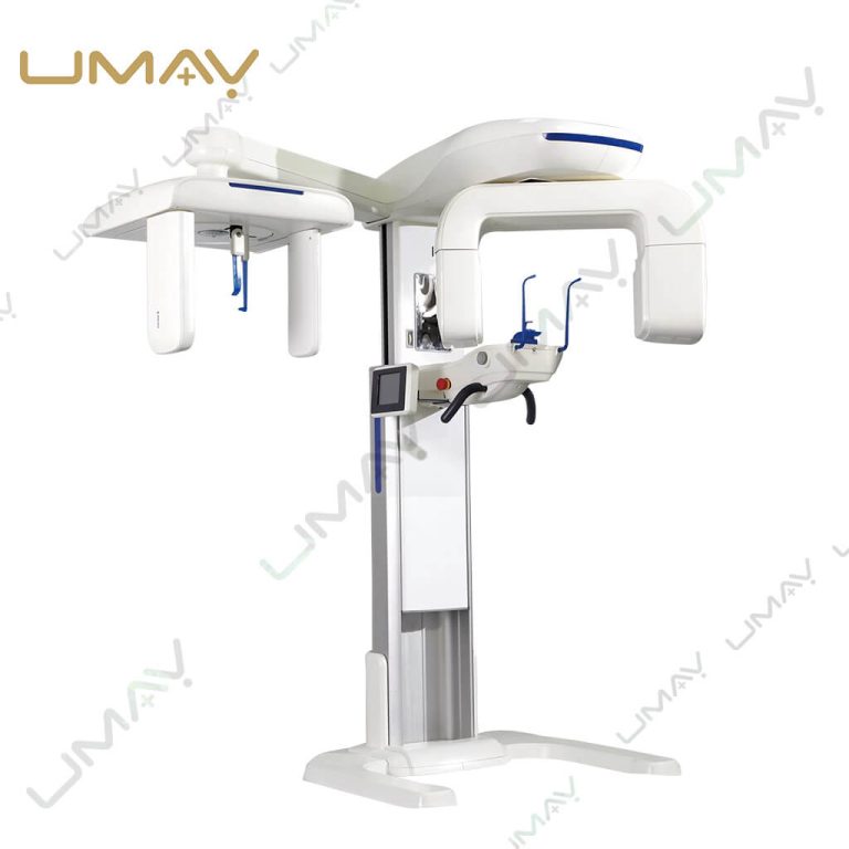 Full view of a professional white 3-in-1 dental CBCT machine featuring panoramic, cephalometric, and 3D imaging arms on a clean background.