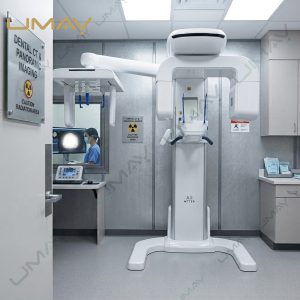 Dental CBCT system inside a diagnostic imaging room with radiation warning signs, while a clinician views a 3D skull reconstruction through a protective glass window.