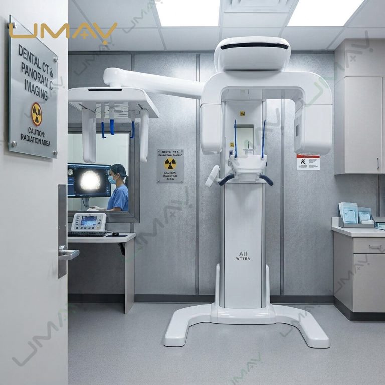 Dental CBCT system inside a diagnostic imaging room with radiation warning signs, while a clinician views a 3D skull reconstruction through a protective glass window.