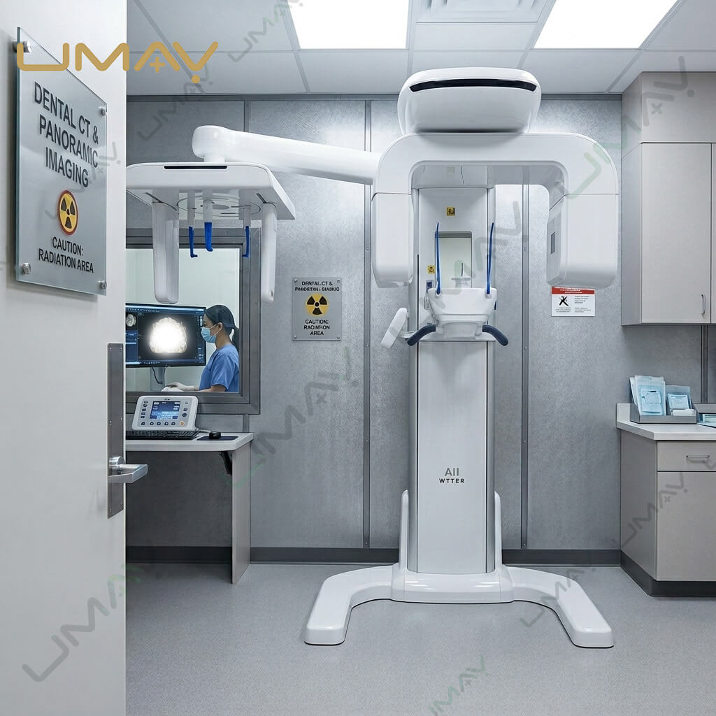 Dental CBCT system inside a diagnostic imaging room with radiation warning signs, while a clinician views a 3D skull reconstruction through a protective glass window.
