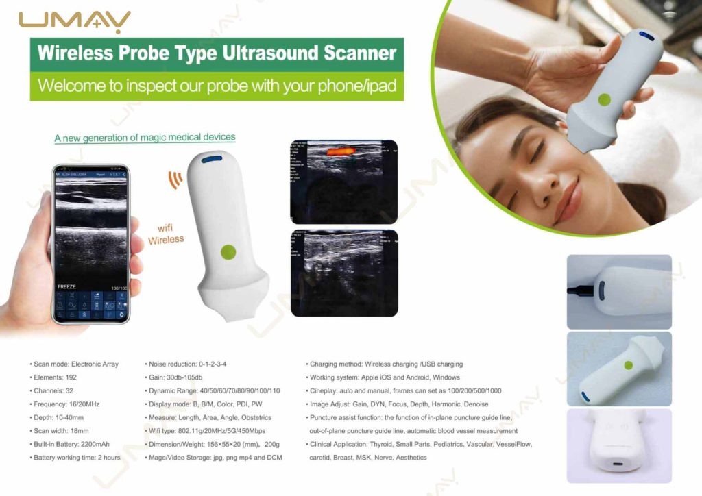 Promotional banner for wireless probe ultrasound scanner showing technical specs and aesthetic clinic application.