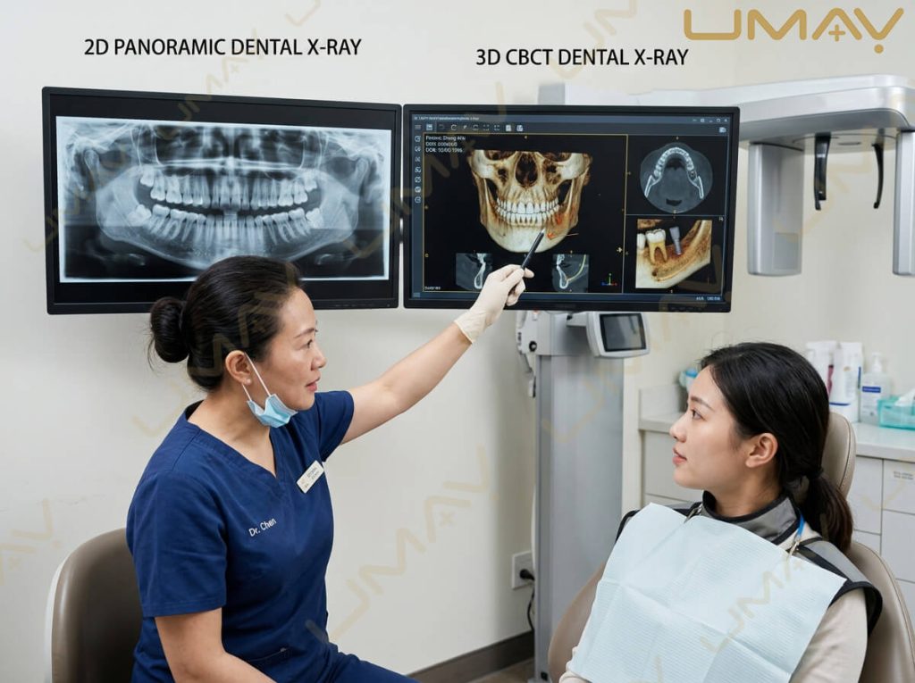 Dentist demonstrating 2D panoramic vs 3D CBCT dental X-ray scans to a patient on dual monitors.