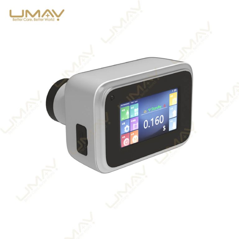 Back view of portable dental X-ray device showing digital touch control screen and settings.