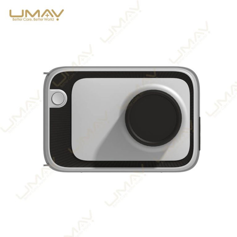 Front elevation of silver handheld dental X-ray camera unit with beam positioning cone.