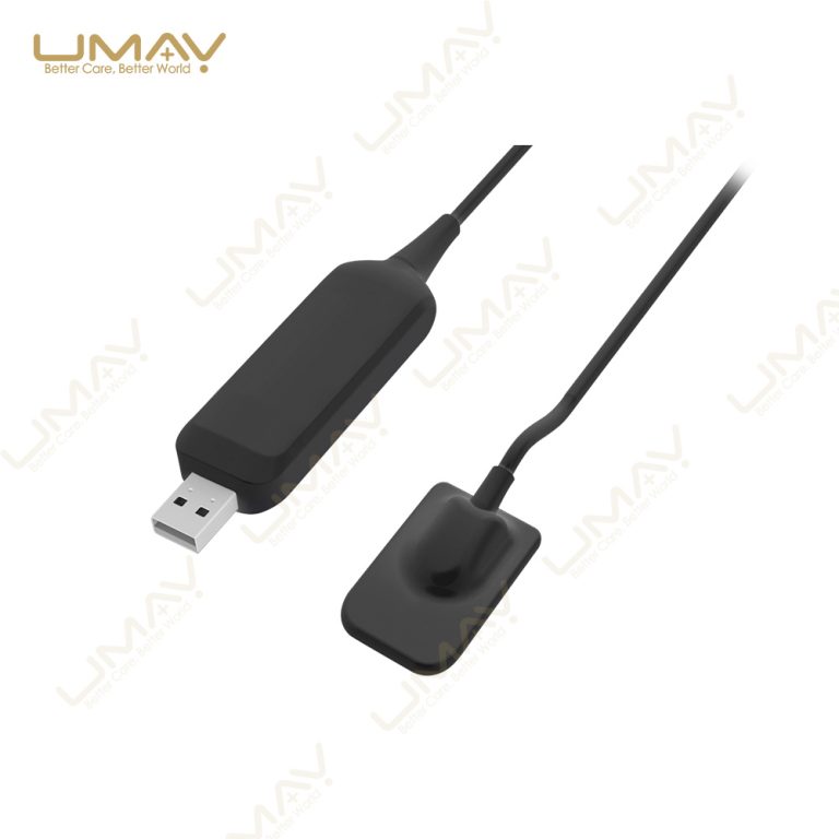 Perspective view of digital intraoral X-ray sensor with USB connector cable.