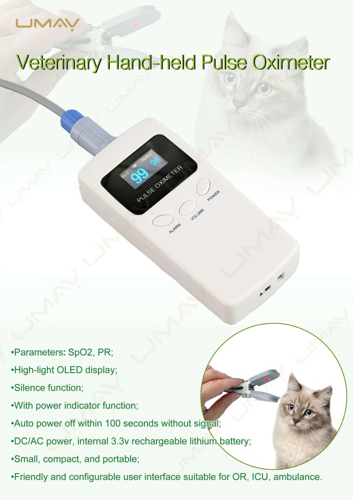 Veterinary handheld pulse oximeter brochure showing animal ear clip SpO2 sensor application on cat.