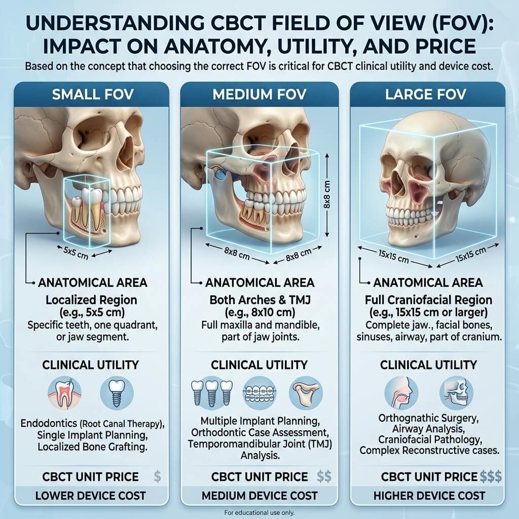 Dental CBCT Machine Field of View Selection Guide Dental CBCT machine field of view FOV comparison chart showing small medium and large anatomical coverage.