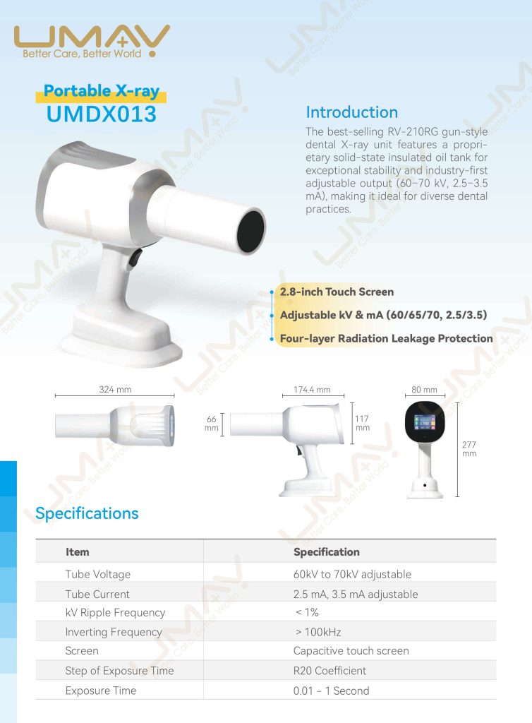 Gun-Style Portable Dental X-Ray Machine Specifications Sheet Gun-style portable dental X-ray machine product datasheet showing dimensions and technical specifications.