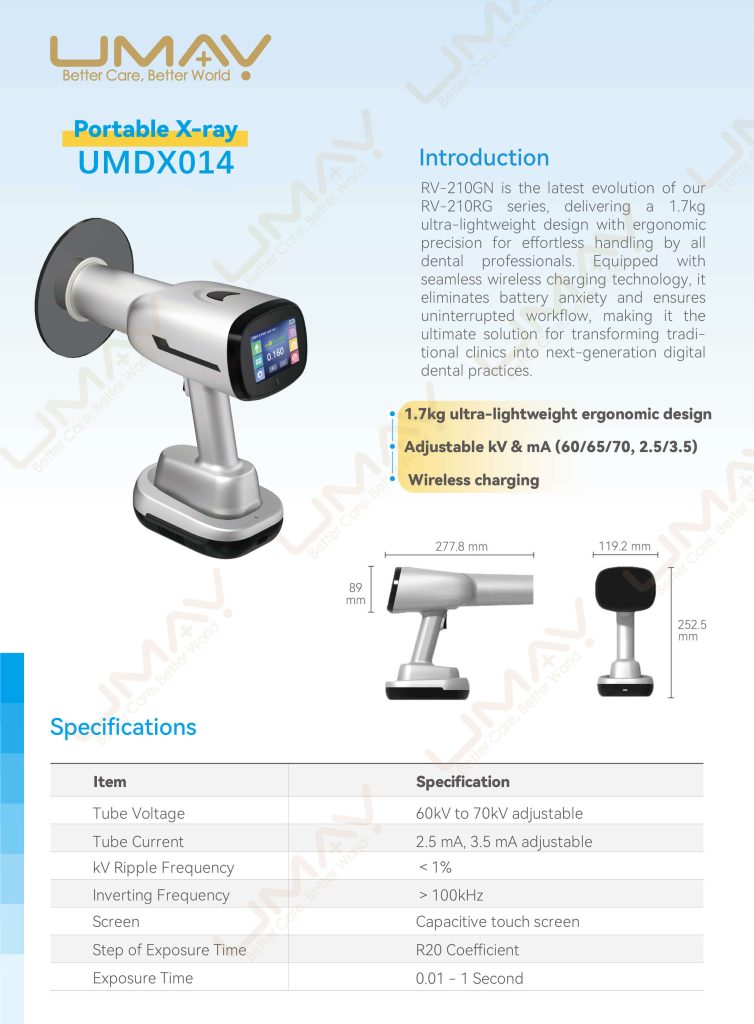 1.7kg Lightweight Portable Dental X-Ray Machine Brochure 1.7kg lightweight portable dental X-ray catalog page with features and specifications.