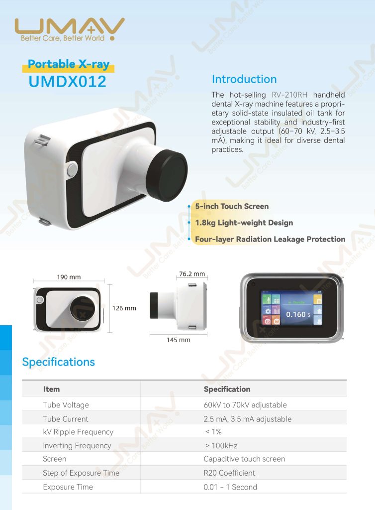 Portable Dental X-Ray Machine Specifications Sheet Product datasheet for portable dental X-ray machine featuring 5-inch touch screen and technical parameters.