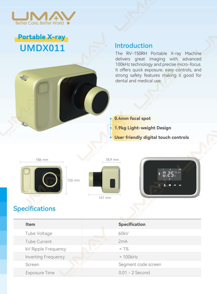 Portable Dental X-Ray Machine Specifications Sheet Product catalog sheet for portable dental X-ray machine detailing specifications and dimensions.