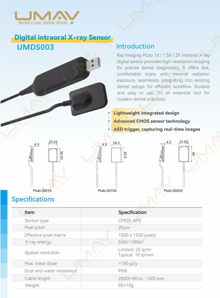 Digital intraoral X-ray sensor catalog datasheet with specifications and dimensional diagrams.
