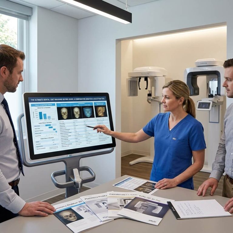 Dentist and team reviewing 3D dental CBCT imaging specs and buying guide on screen in clinic.