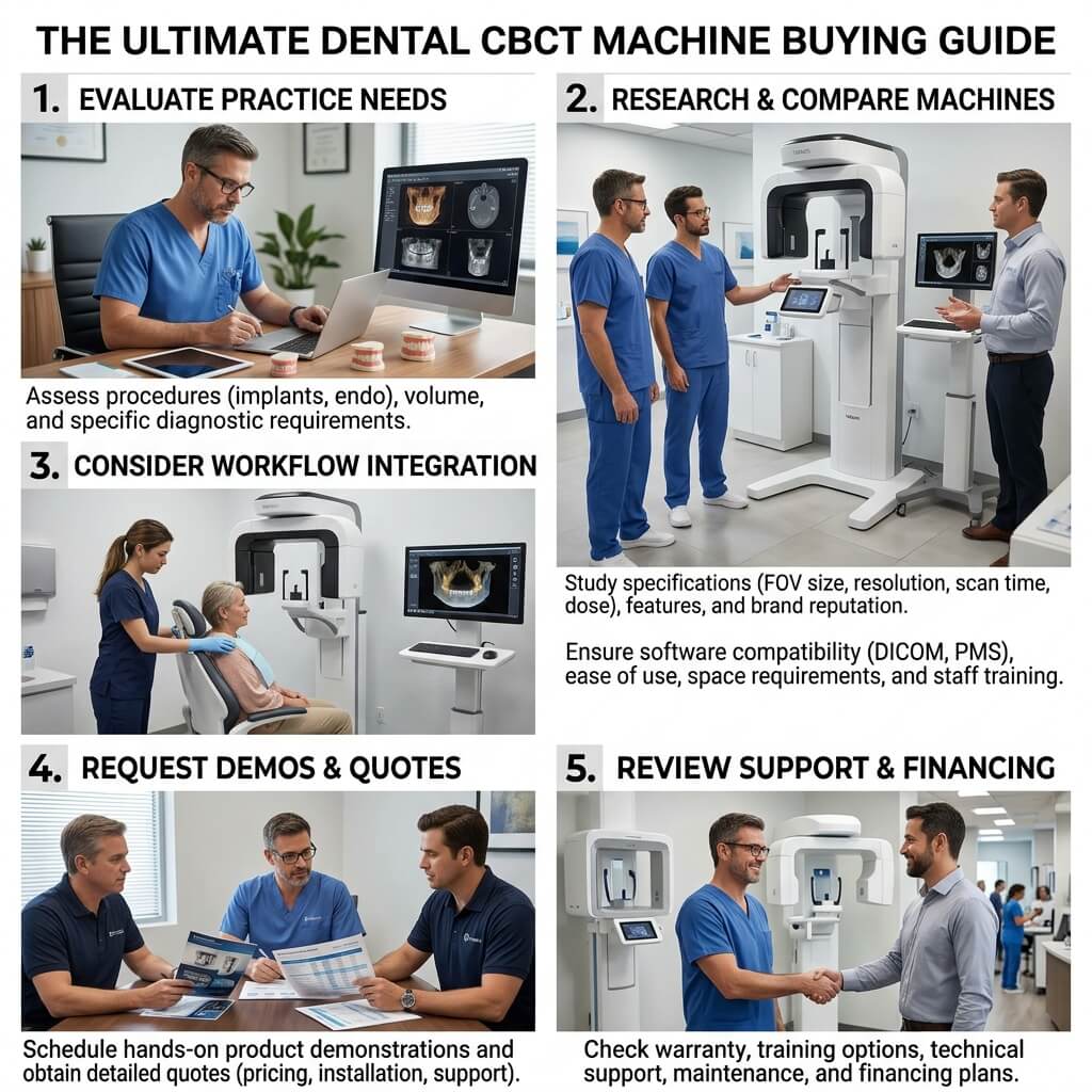 Ultimate Dental CBCT Machine Buying Guide Step-by-step dental CBCT machine buying guide infographic showing practice evaluation, demo, and financing.
