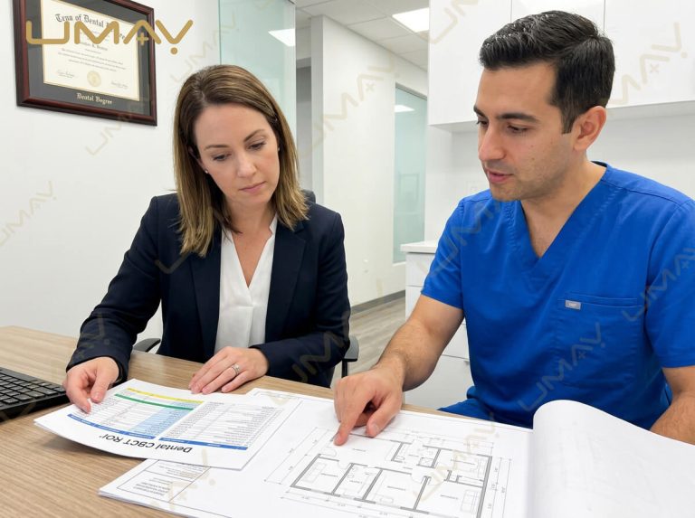 Dentist and consultant analyzing Dental CBCT ROI financial report and clinic architectural blueprints.