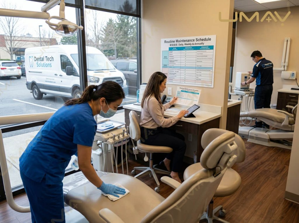 Dental assistant disinfecting chair with routine equipment maintenance schedule poster on wall.