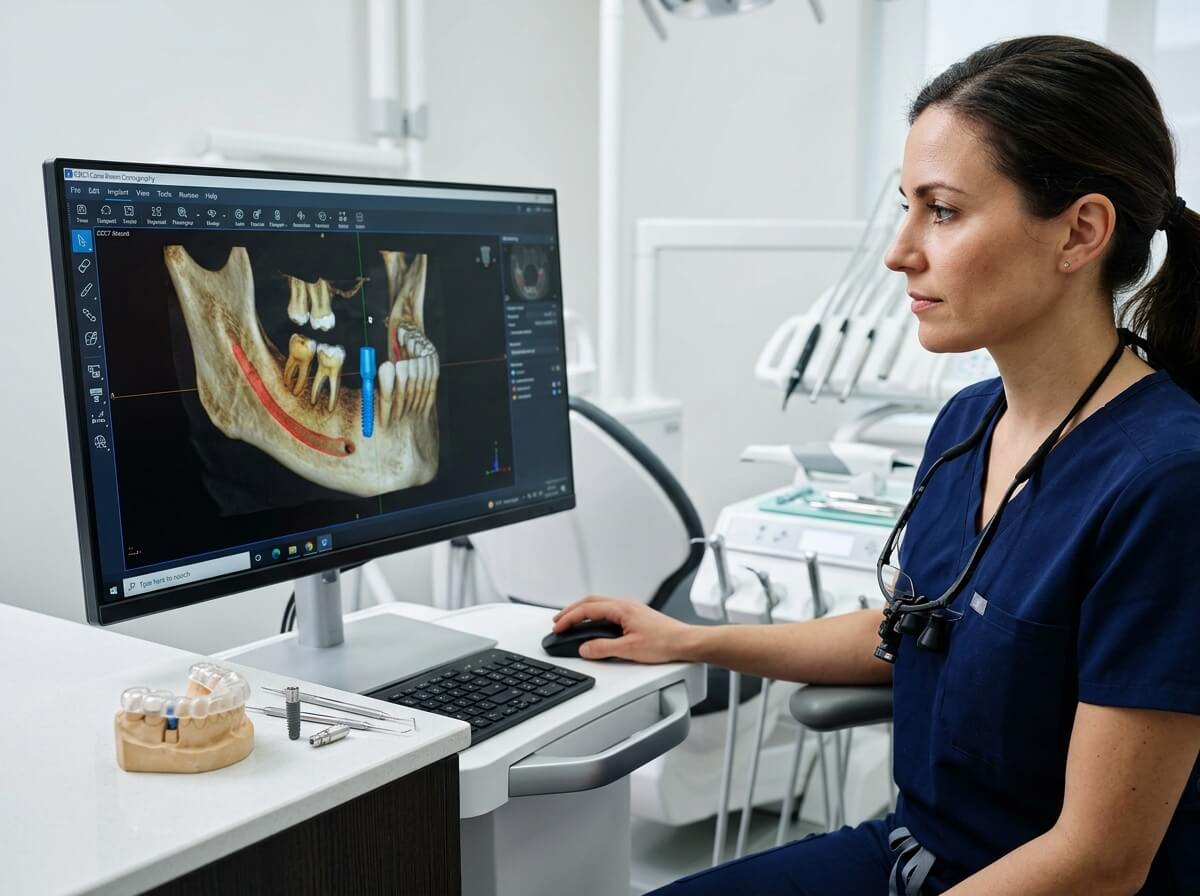 Dentist using 3D dental implant planning software with CBCT scan on workstation monitor.
